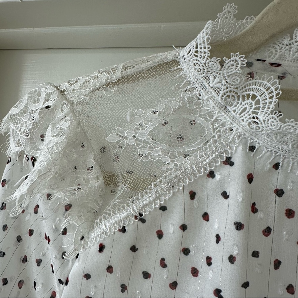 Promesa White Lace Victorian Style Blouse w/ Black & Red Polka Dots, Size Medium - Picture 3 of 10